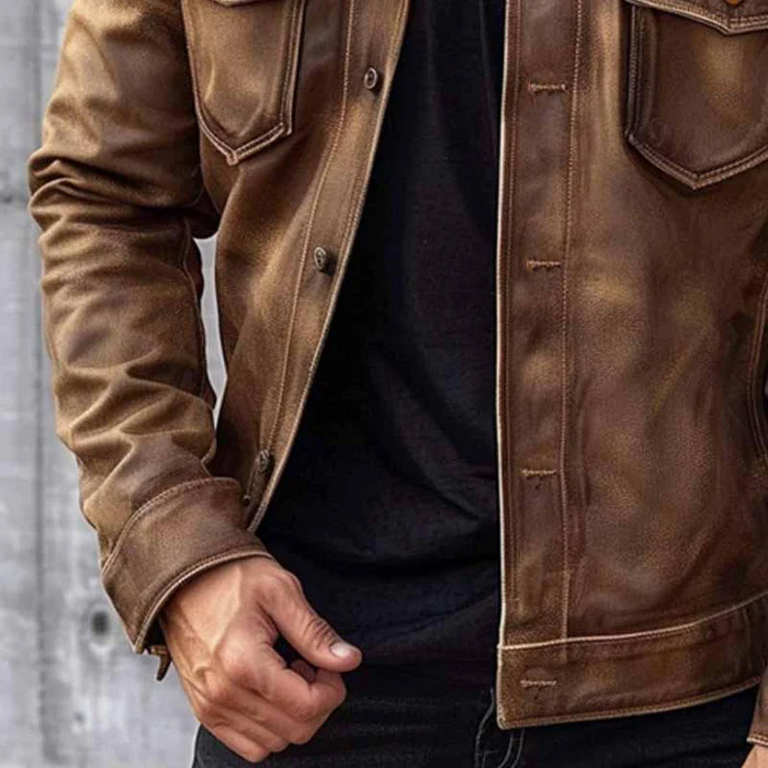 Melissa | Men’s Brown Vintage Jacket, Stylish Durable Leather Look with Timeless Buttoned Design