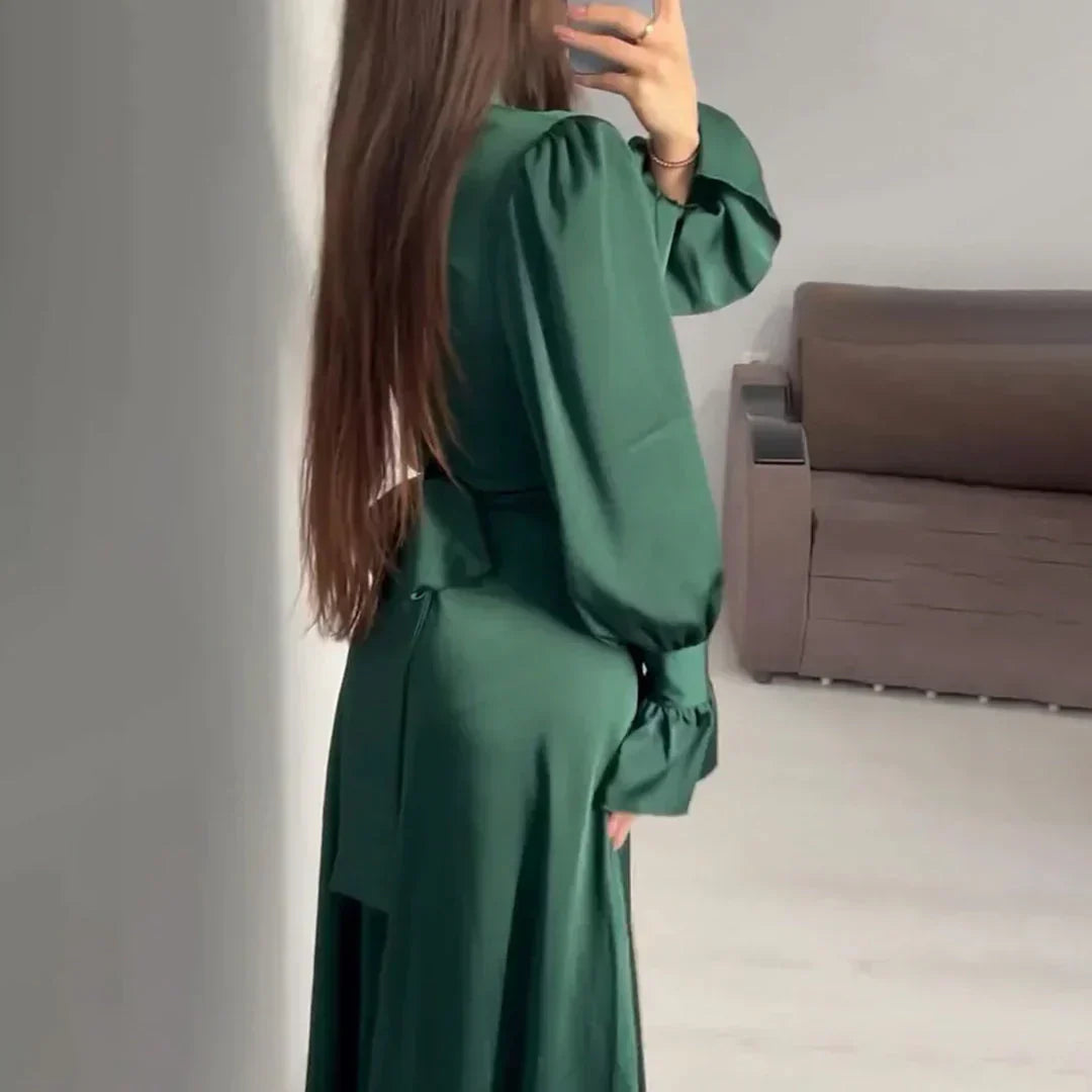 Evelune | Women’s Dark Green Satin Maxi Dress with Turtleneck and Puff Sleeves