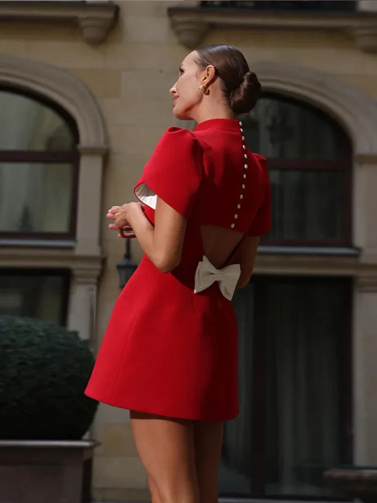 Fiorella | Women's Elegant Red Turtleneck Mini Dress – Puff Sleeves & Bow-Tied Hollow Back