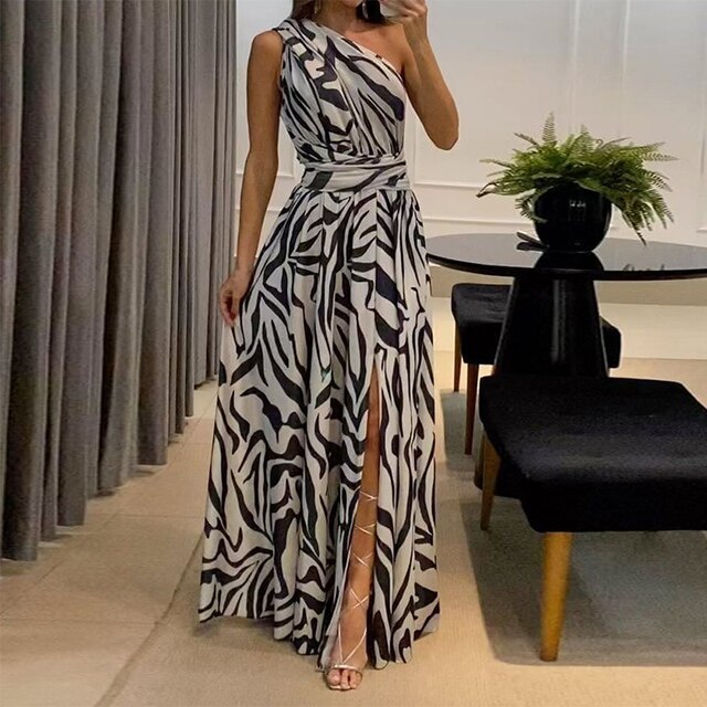 Corinna | Women's One-Shoulder Zebra Print Maxi Dress with Waist Cinching & Leg Slit
