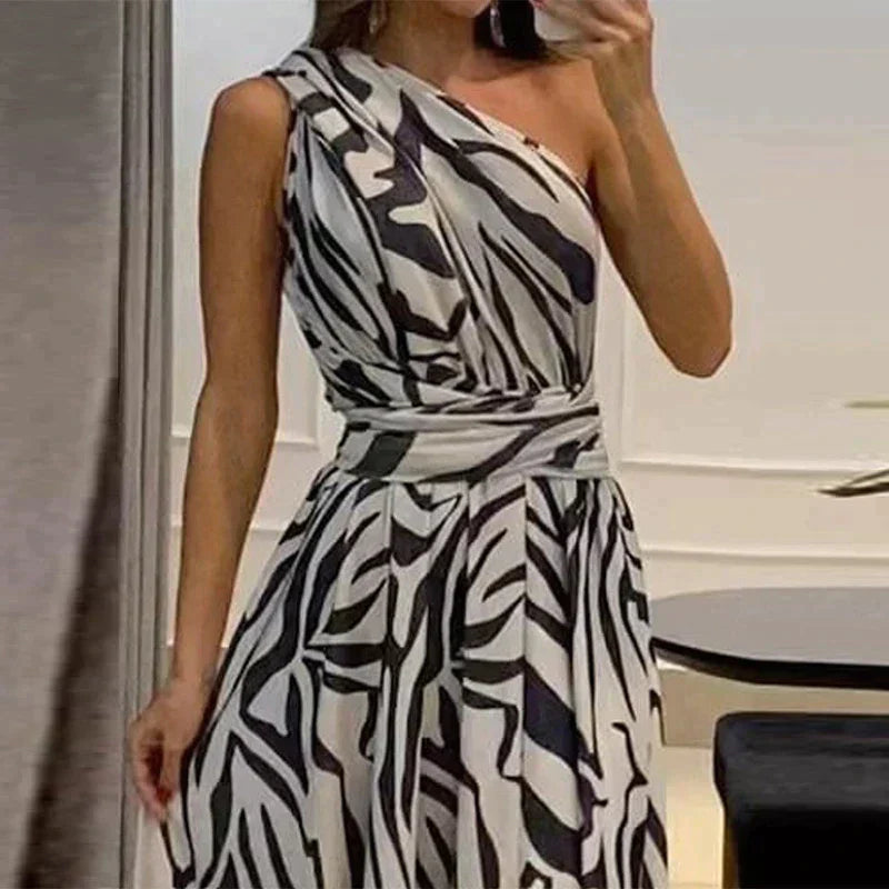 Corinna | Women's One-Shoulder Zebra Print Maxi Dress with Waist Cinching & Leg Slit