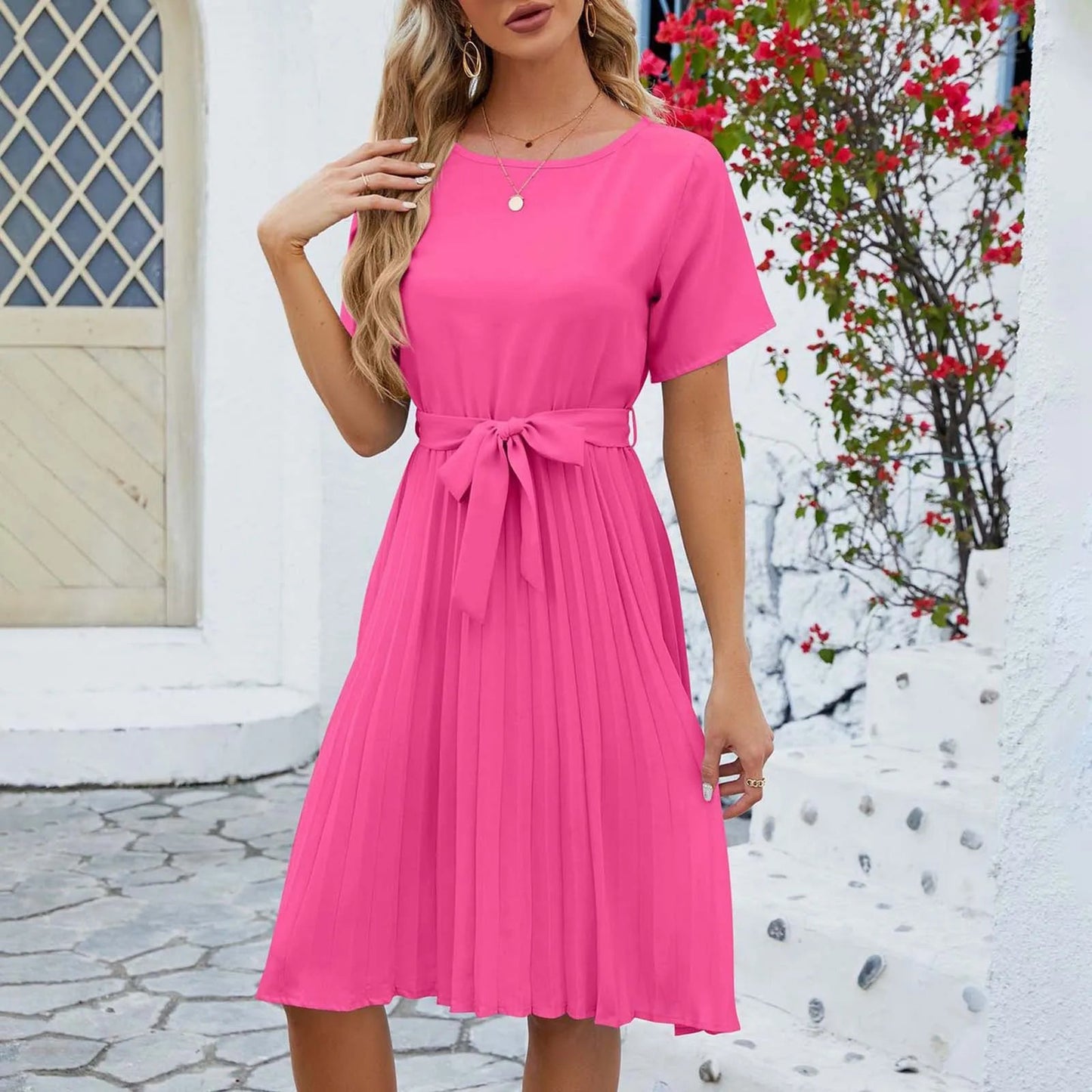 Tahlira | Tie‑Waist Pleated Midi Dress – Everyday Elegance