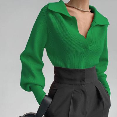 Endellion | Women's Green Polo Collar V-Neck Sweater with Elegant Bishop Sleeves