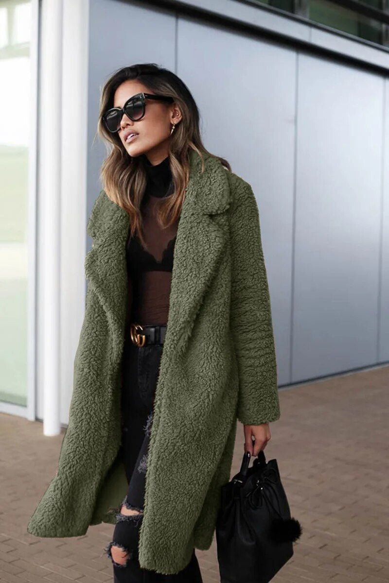Mariam | Women’s Long Teddy Plush Winter Coat in Solid Colour