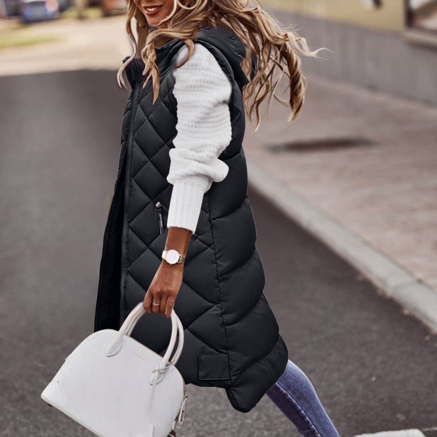 Thomasina | Women’s Long Quilted Hooded Vest – Warm Padded Gilet for Autumn and Winter