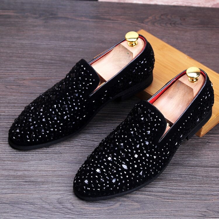 Crispin | Men’s Black Rhinestone Slip-On Loafers – Elegant & Stylish Business Casual Shoes