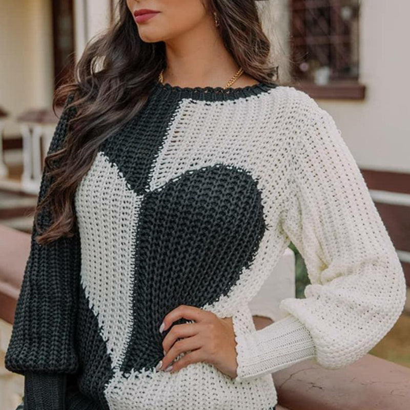 Salvia | Women's Knitted Sweater with Heart Pattern and Contrast Colours