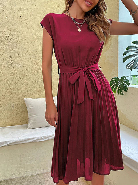 Soraya | Tie‑Waist Pleated Midi Dress – Round‑Neck Casual Elegance