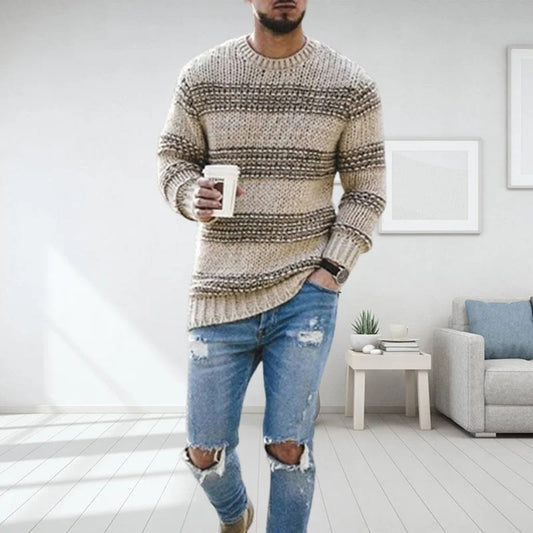 Philippe | Men’s Chunky Knit Striped Sweater, Round Neck Warm Winter Jumper