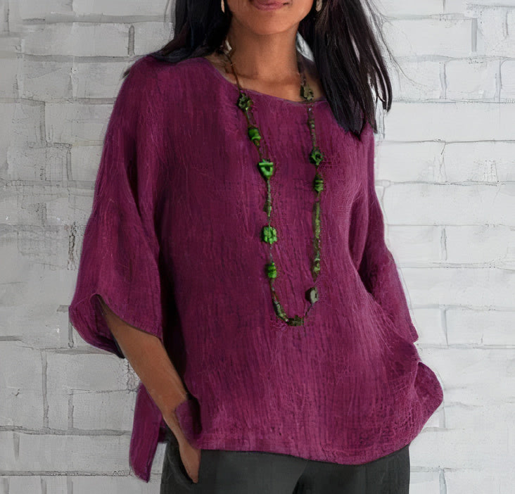 Amarinda | Loose Fit Linen Summer Blouse with Round Neck