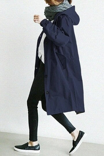 Janelle | Women's Long Waterproof Coat with Hood and Button Closure