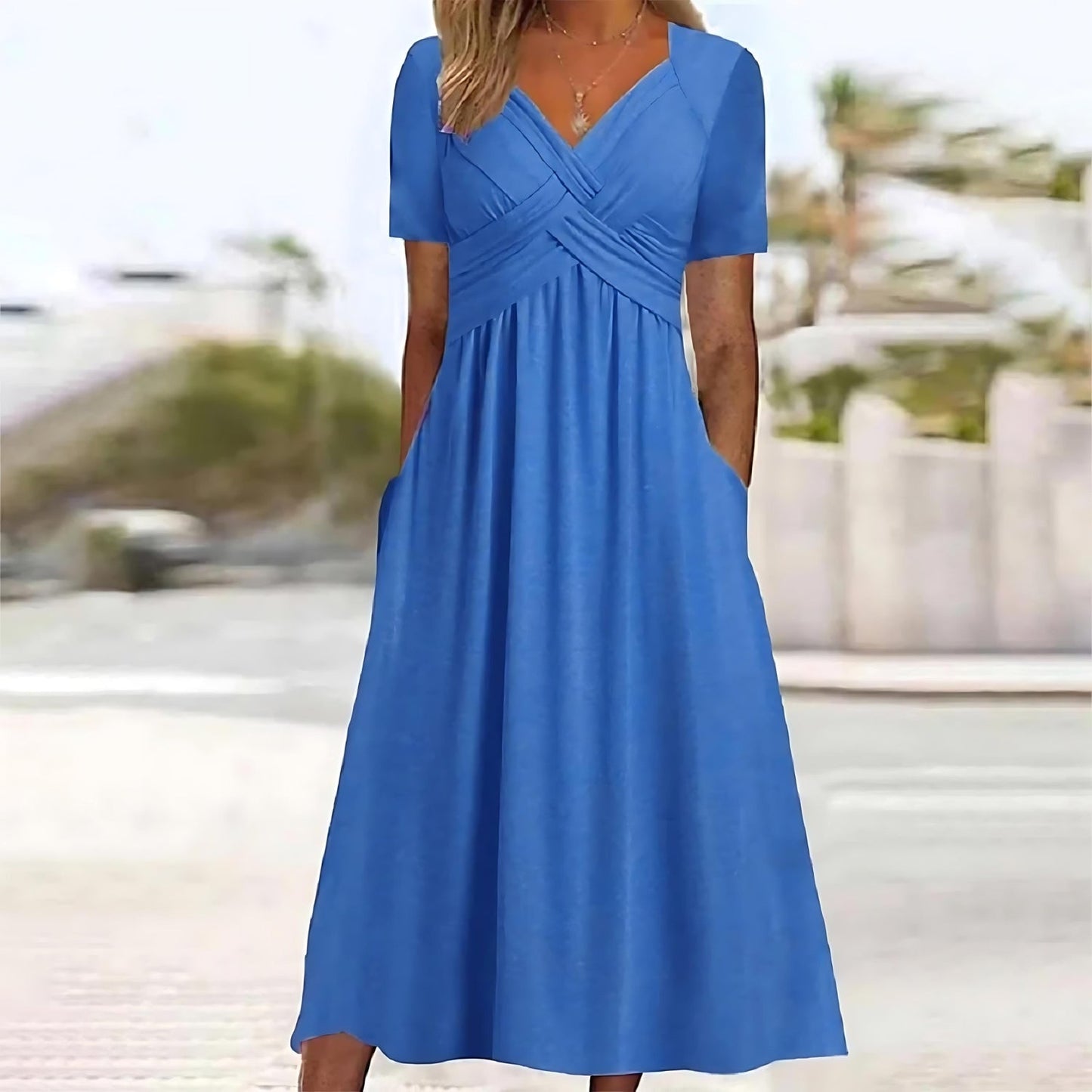 Juniper | Women's Solid Colour V Neck Short Sleeve Midi Dress