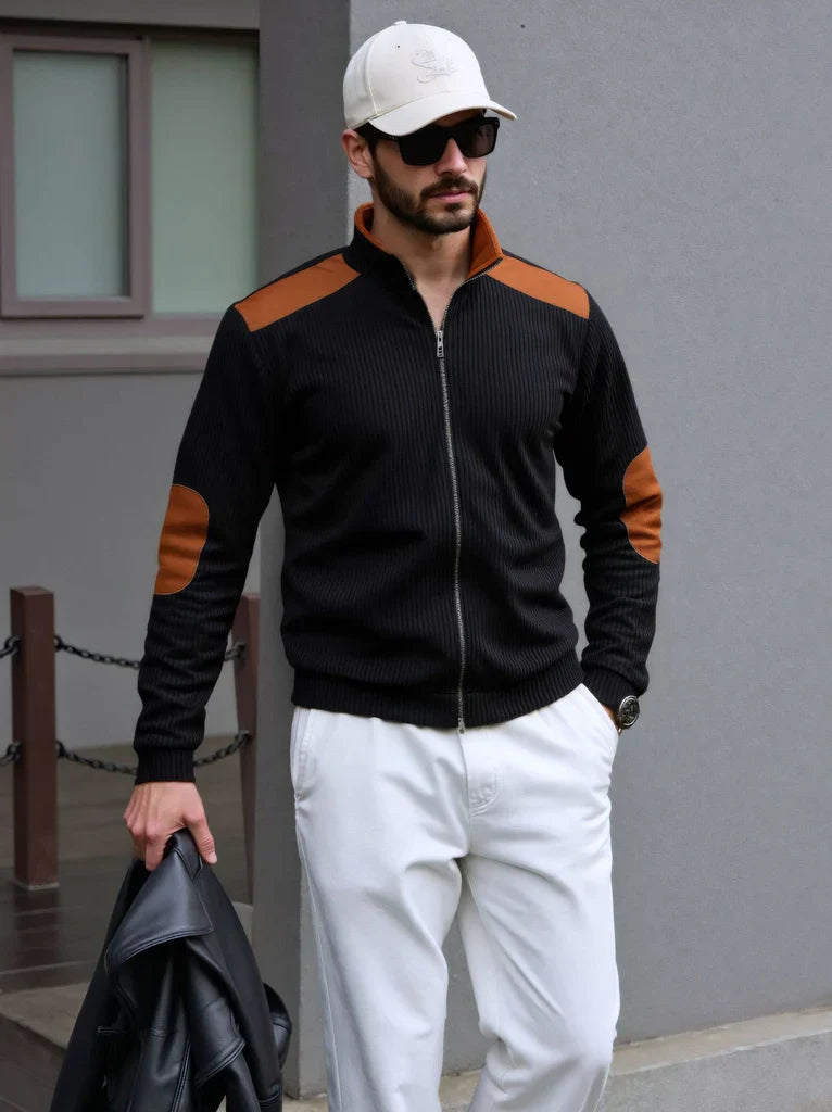 Laervic | Men’s Knitted Zipper Cardigan with Shoulder & Elbow Patches