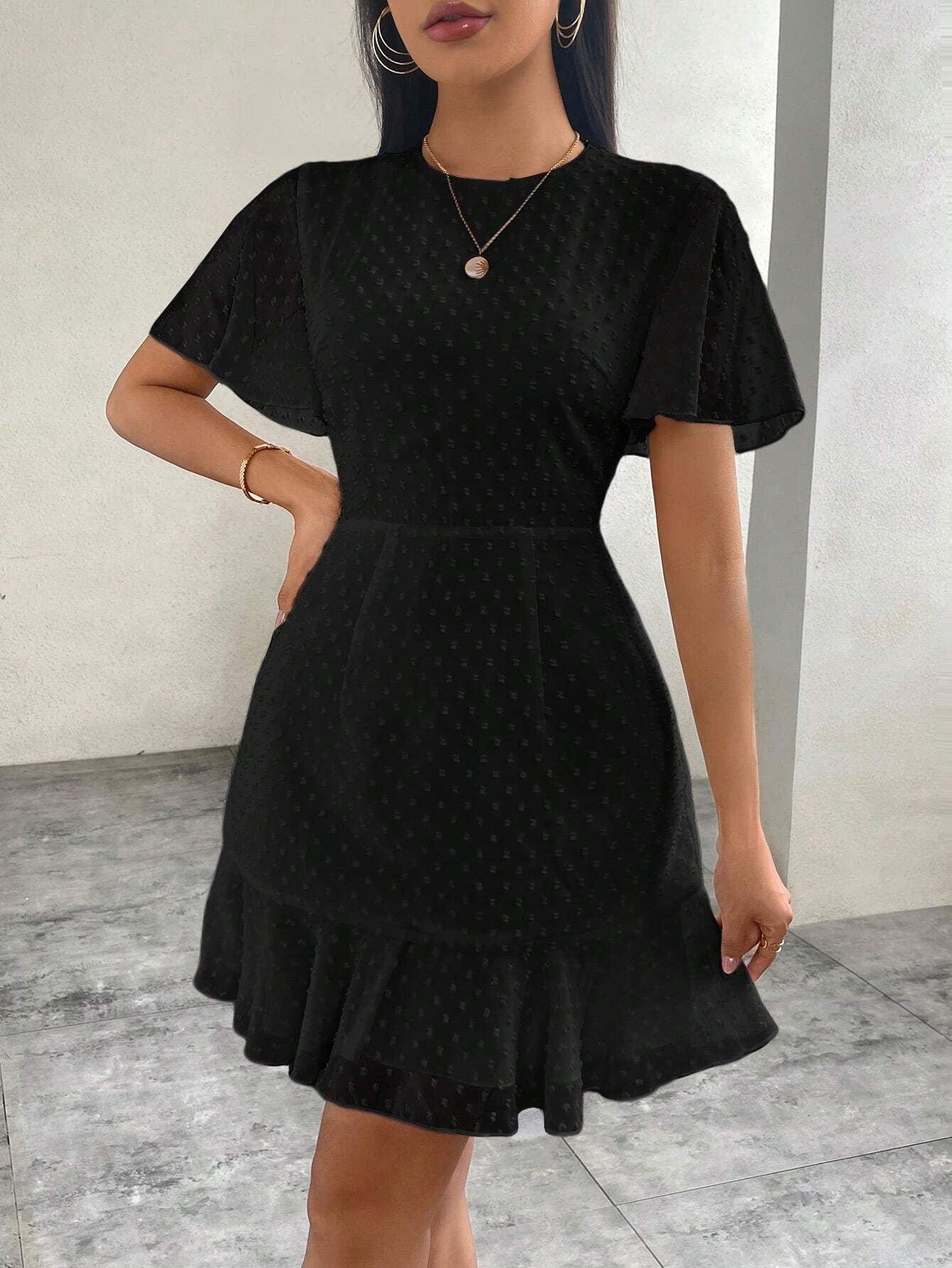 Tavina | Women's Polka Dot Ruffle Trim Mini Dress with Round Neck & Short Sleeves