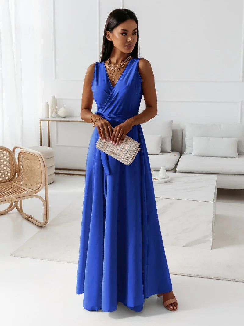 Sylverie | Women’s Elegant V-Neck Tie-Waist Sleeveless Maxi Dress – Formal Party Gown