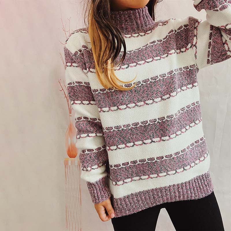 Euphemia | Women's Two-Tone Striped Turtleneck Knit Sweater