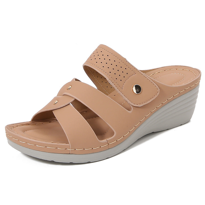 Perriwyn | Women’s Elegant Wedge Sandals – Open Toe Slip-On – Rivet Detail – Cushioned Insole Comfort