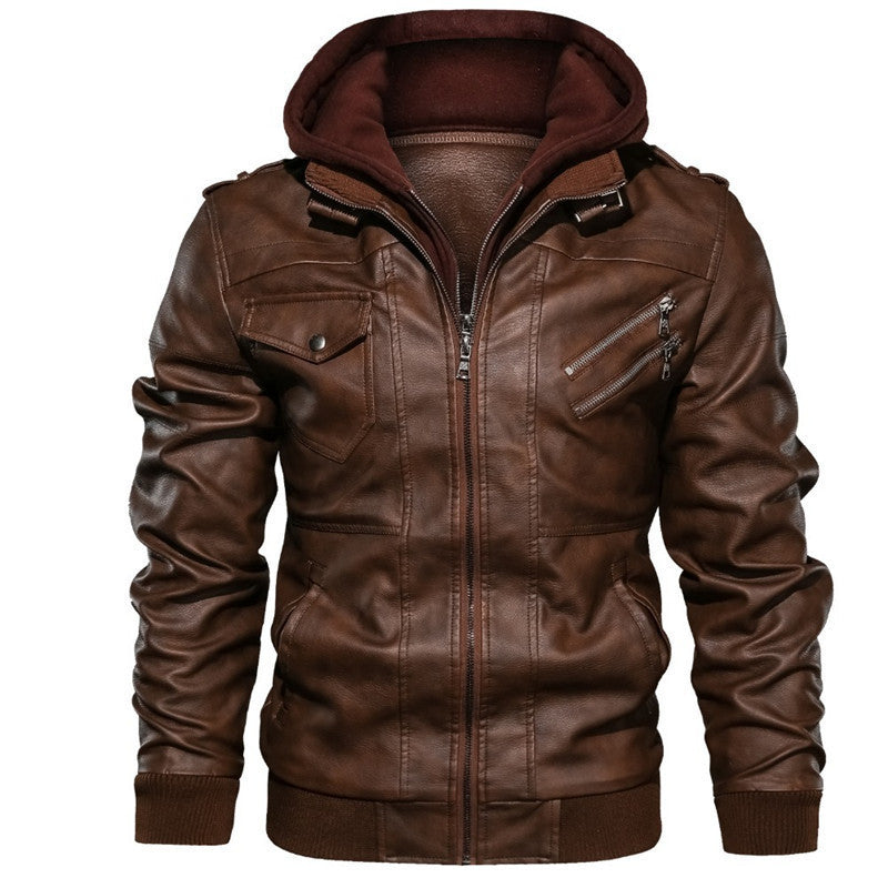 Lanvian | Men’s Slim Fit Faux Leather Jacket with Hood & Zip Pockets