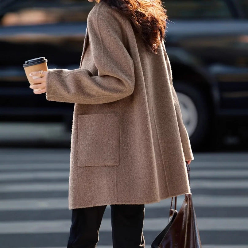 Emeline | Women’s Brown Mid-Length Wool-Blend Coat with Relaxed Fit and Patch Pockets
