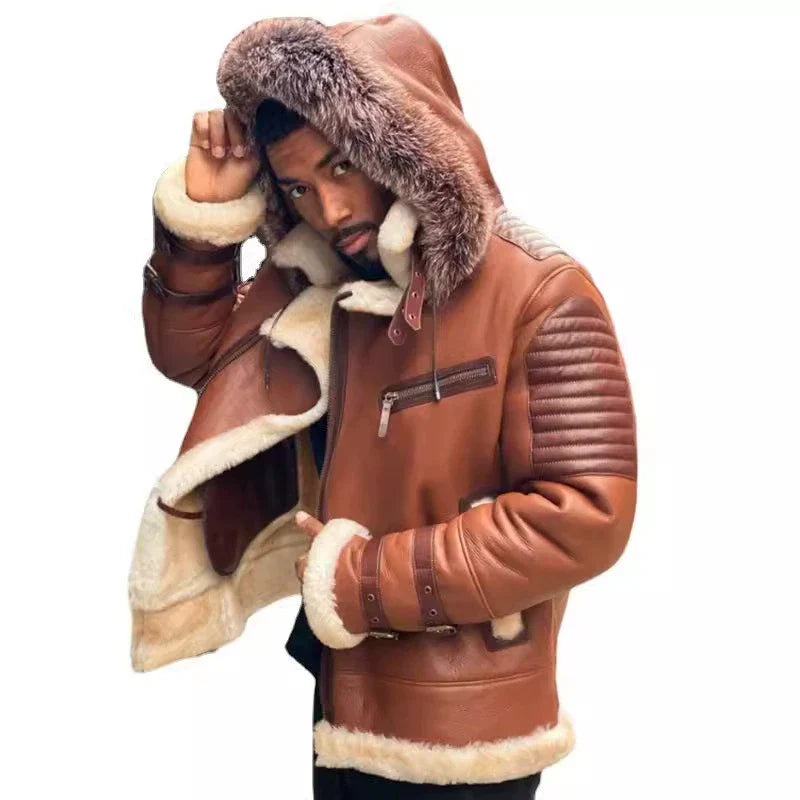 Marius | Men’s Fur Lined Leather Look Winter Jacket with Quilted Shoulders