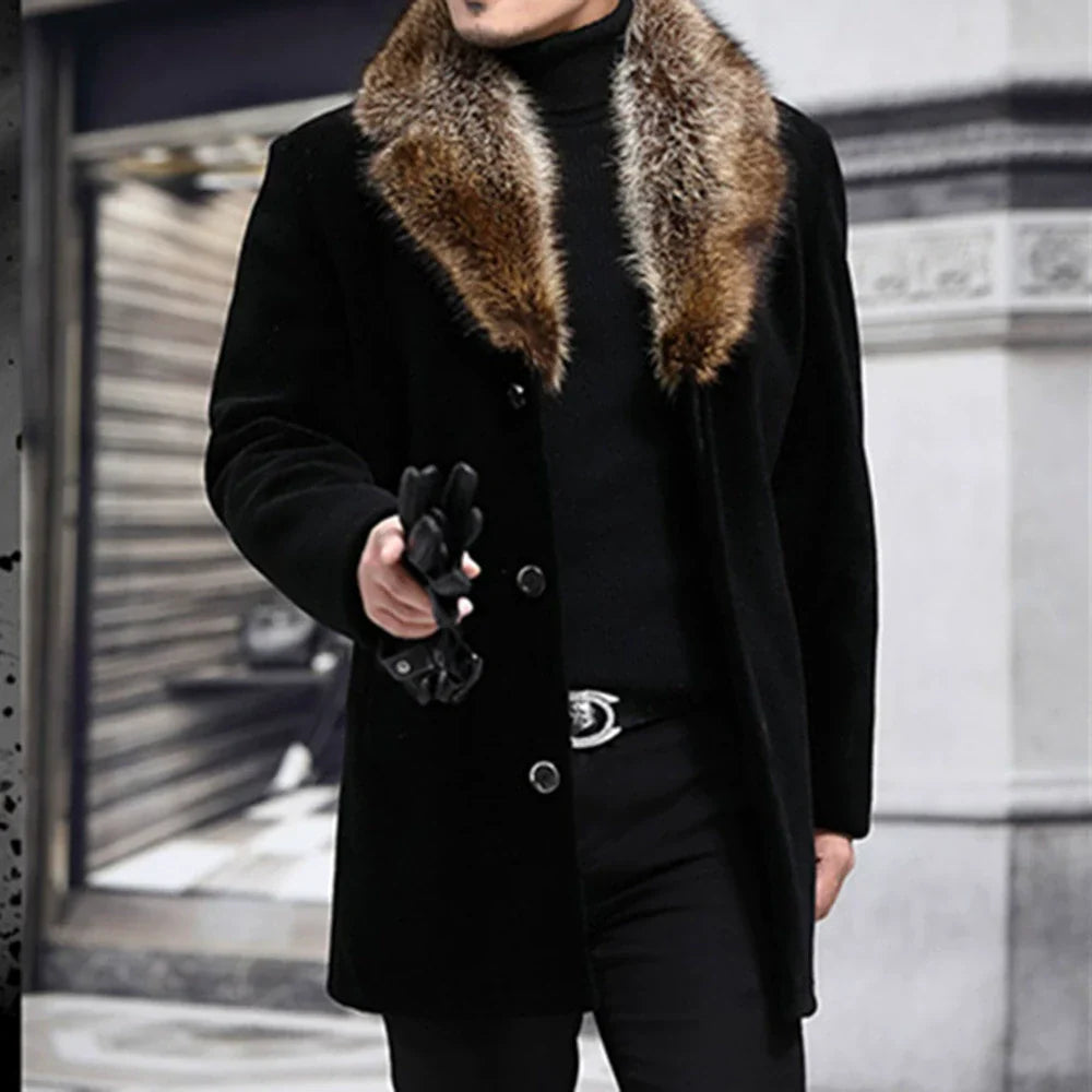 Laurent | Men's Slim-Fit Wool Coat – Shaggy V-Fur Collar with Button Closure