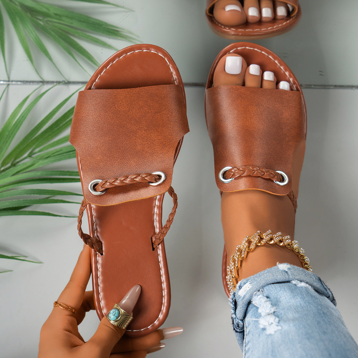 Leocadie | Women’s Flat Slip-On Sandals – Braided Straps – Cushioned Footbed – Open Toe Comfort