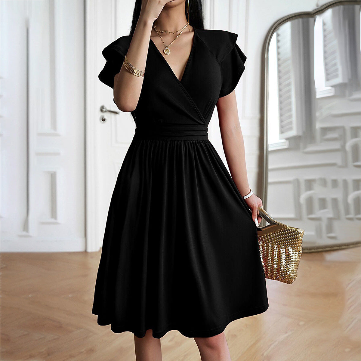 Jorinda | Women’s V-Neck Pleated Midi Dress with Cinched Waist & Short Sleeves