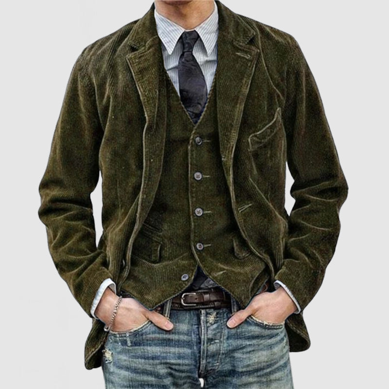 Rene | Men’s Corduroy Jacket & V-Neck Buttoned Vest Set