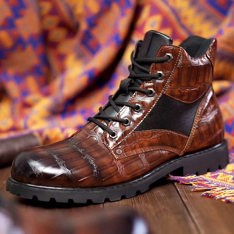 Welf | Men's Lace-Up Crocodile Pattern Casual Boots