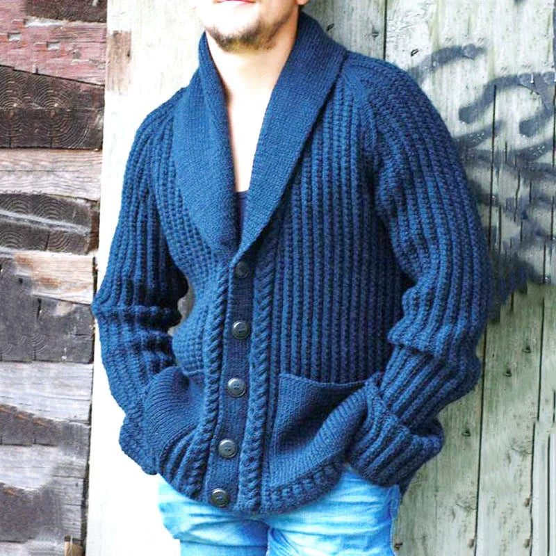 Matias | Men’s Blue Knitted Shawl Collar Cardigan with Pockets