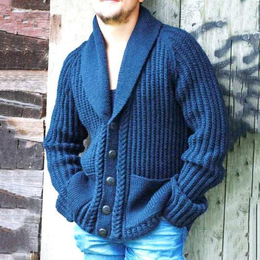 Matias | Men’s Blue Knitted Shawl Collar Cardigan with Pockets