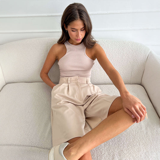 Roswyn | Women’s High Waisted Beige Wide Leg Knee-Length Shorts