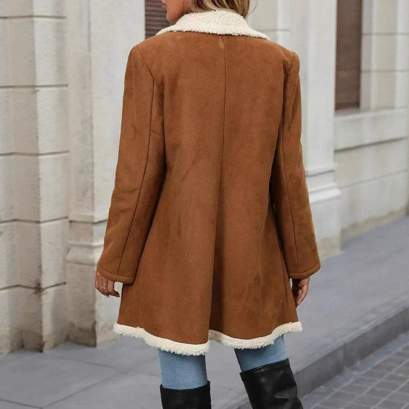 Evangeline | Women’s Mid-Length Brown Coat with Plush Lining & Double-Breasted Design