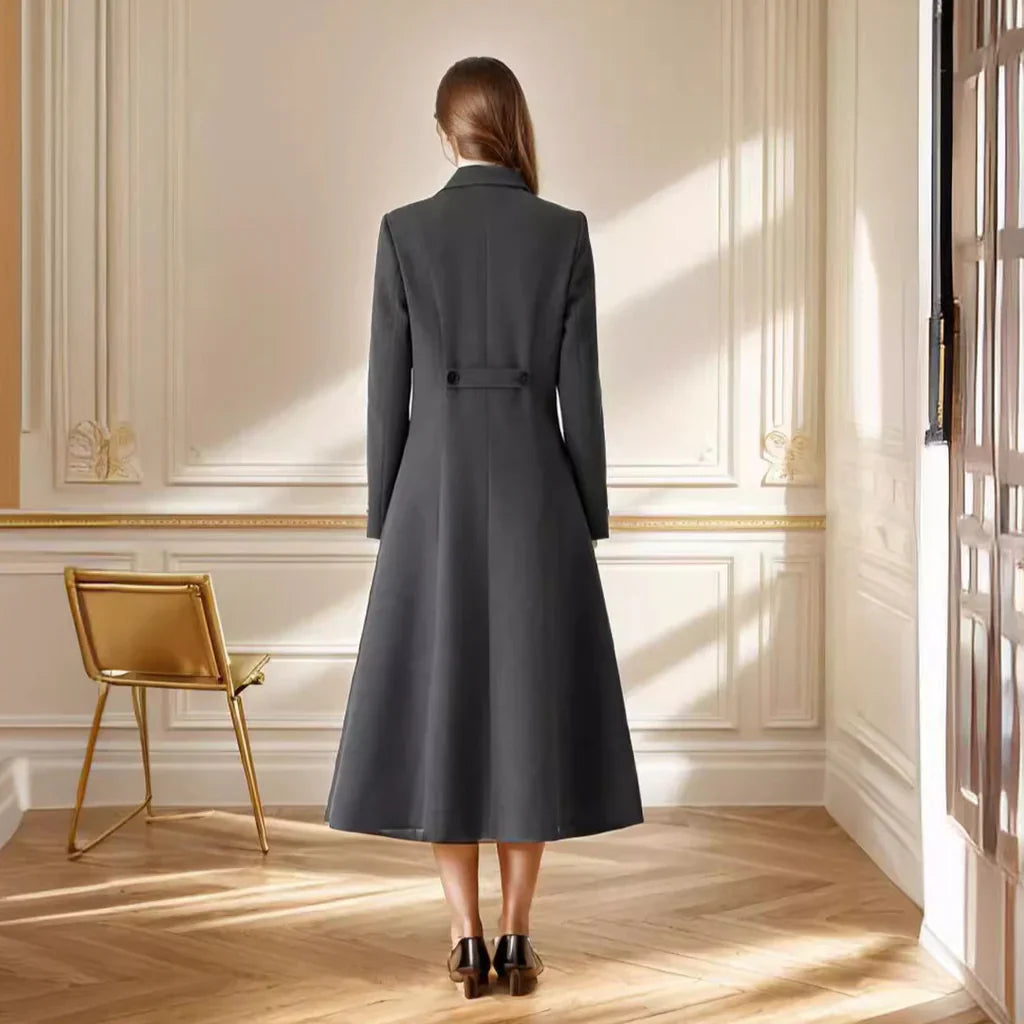 Esme | Women’s Tailored Grey Wool-Blend Long Coat with Double-Breasted Buttons