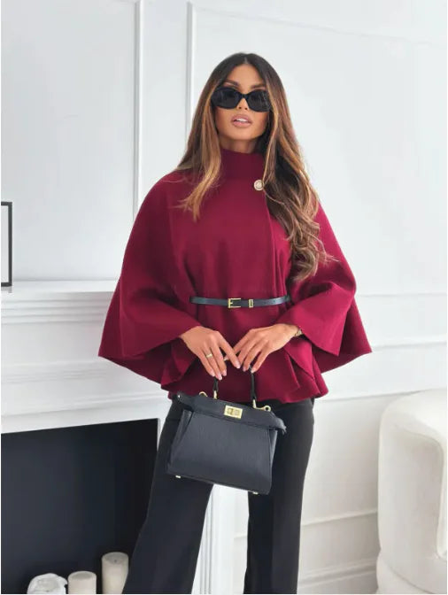 Emma | Women's Turtleneck Cape-Style Blouse with Waist Belt - Elegant Solid Colour Design