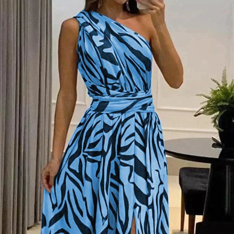 Corinna | Women's One-Shoulder Zebra Print Maxi Dress with Waist Cinching & Leg Slit