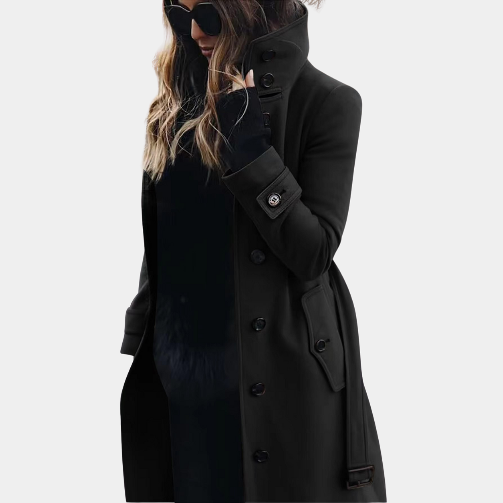 Brielle | Women's Solid Colour Long High Neck Coat with Waist Belt