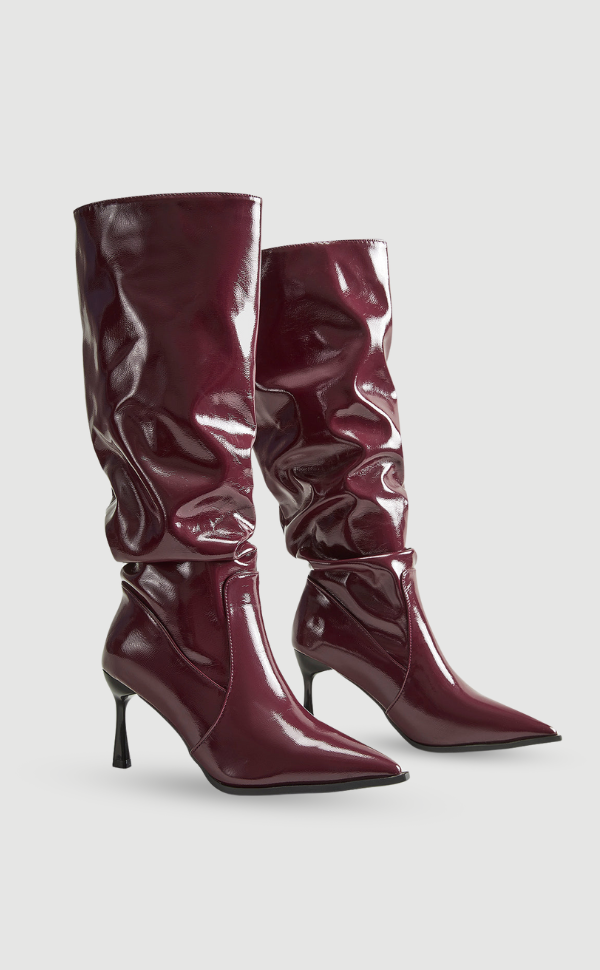 Madeleine | Women's Shiny Burgundy High Heel Knee-High Pointed Toe Boots