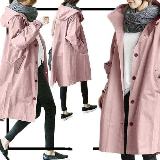 Janelle | Women's Long Waterproof Coat with Hood and Button Closure