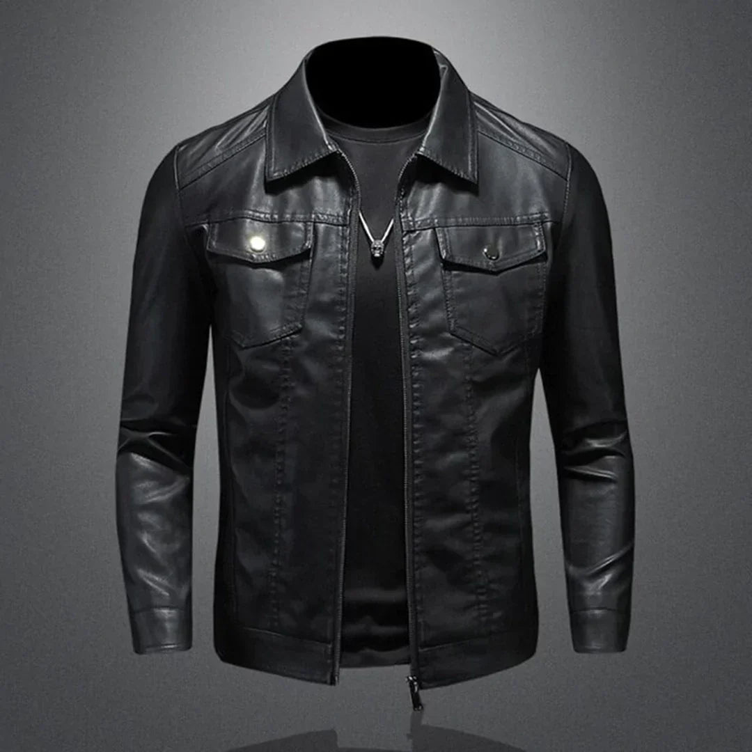 Luke | Men’s Black Leather Look Jacket with Zip Closure & Classic Lapel Collar