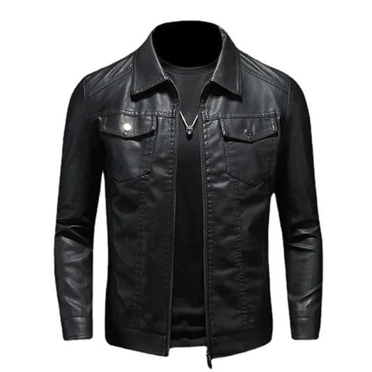 Luke | Men’s Black Leather Look Jacket with Zip Closure & Classic Lapel Collar