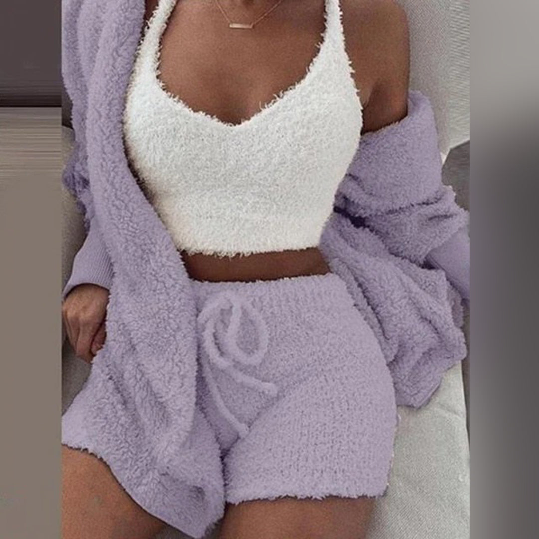 Arlene | Women's Solid Colour Teddy Lounge Set with Hoodie & Drawstring Shorts