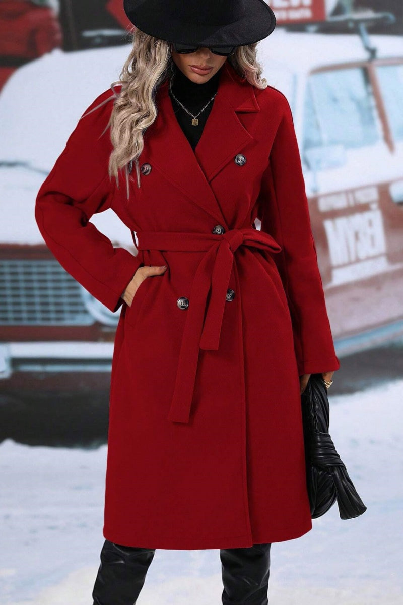 Frances | Women’s Long Wool-Blend Coat with Tie Waist & Double-Breasted Design