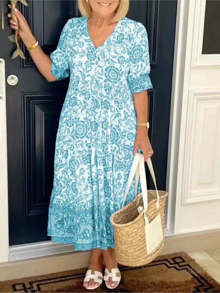 Ophelia | Women’s V-Neck Boho Maxi Dress with Floral Print and Flowing Design