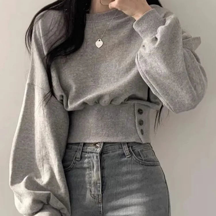 Zinnia | Women's Cropped Sweater with Buttoned Hem & Bishop Sleeves – Chic & Cozy