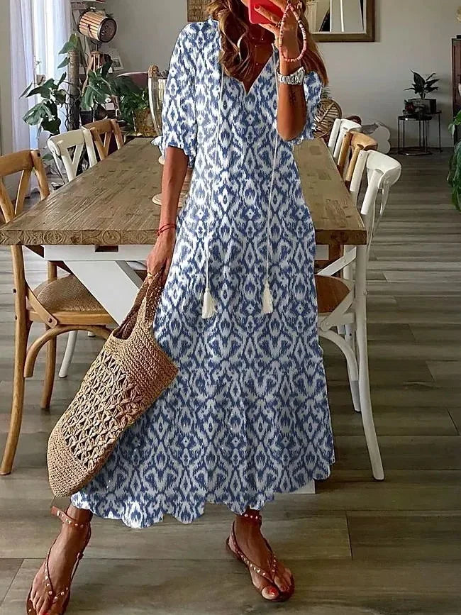 Halcyon | Women's Bohemian V-Neck Maxi Dress – Elegant Floral Print with Half Sleeves