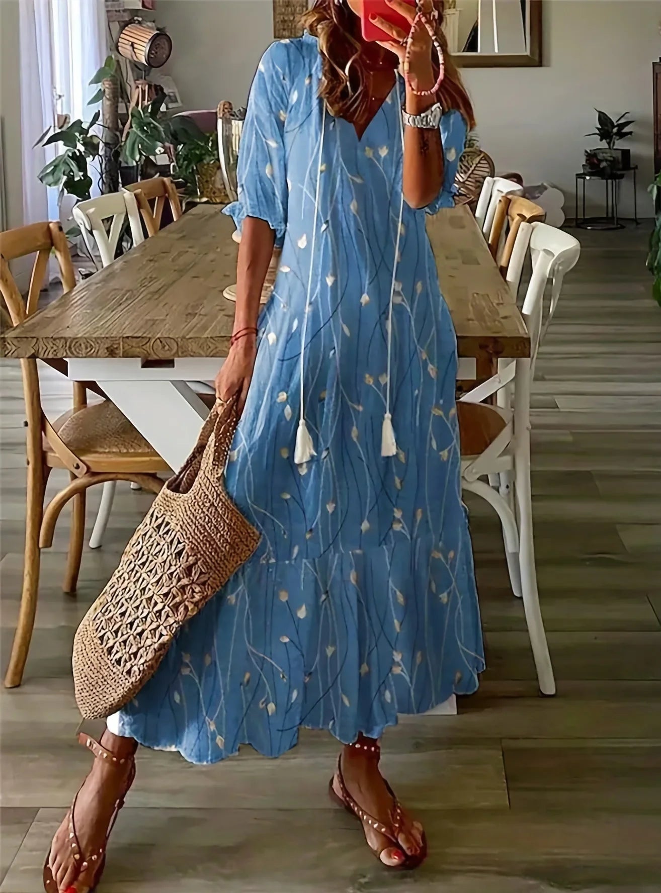 Halcyon | Women's Bohemian V-Neck Maxi Dress – Elegant Floral Print with Half Sleeves