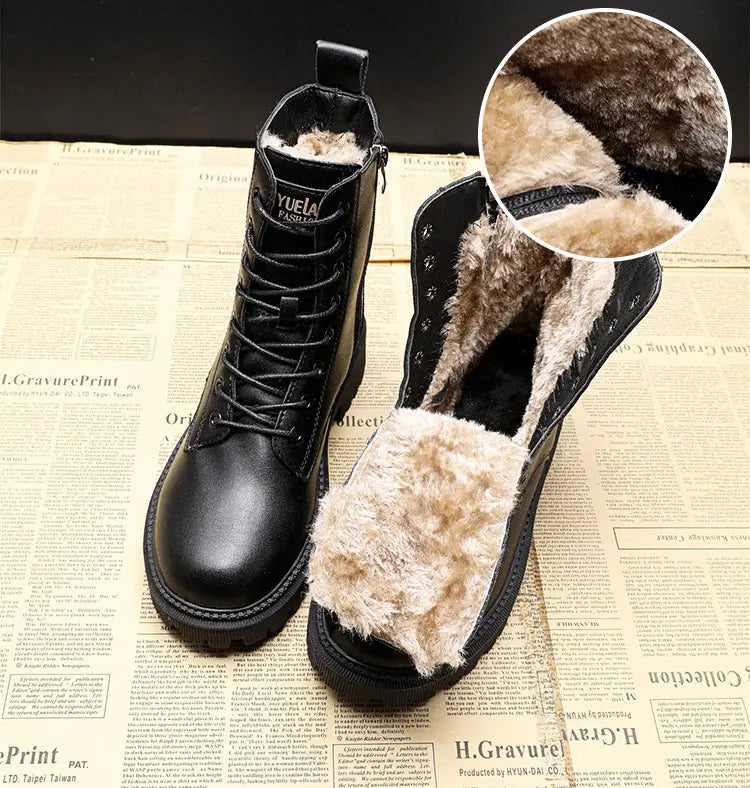Madison | Women's Black Leather-Look Fleece-Lined Lace-Up Ankle Boots