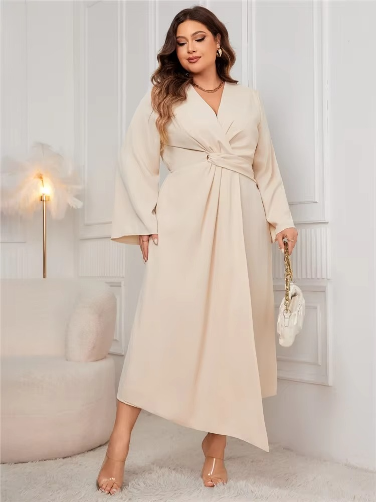 Lumina | Apricot V-Neck Wrap Maxi Dress with Elegant Waist Pleating – Formal Yet Effortless