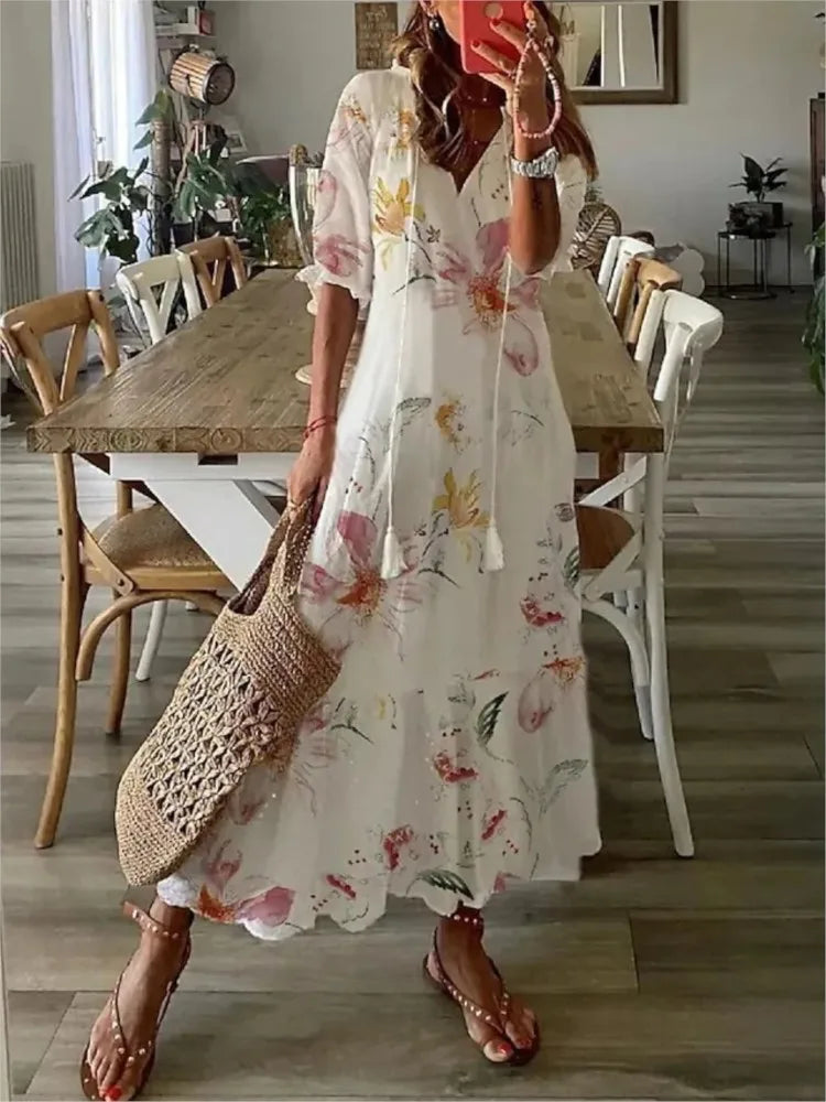 Halcyon | Women's Bohemian V-Neck Maxi Dress – Elegant Floral Print with Half Sleeves